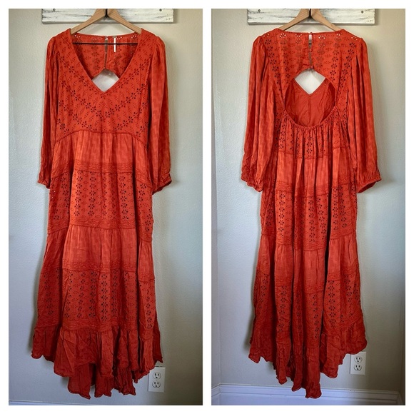 FREE PEOPLE L Mockingbird Maxi Dress in Rooibos Tea • Rust Orange Floral Eyelet - Picture 3 of 13